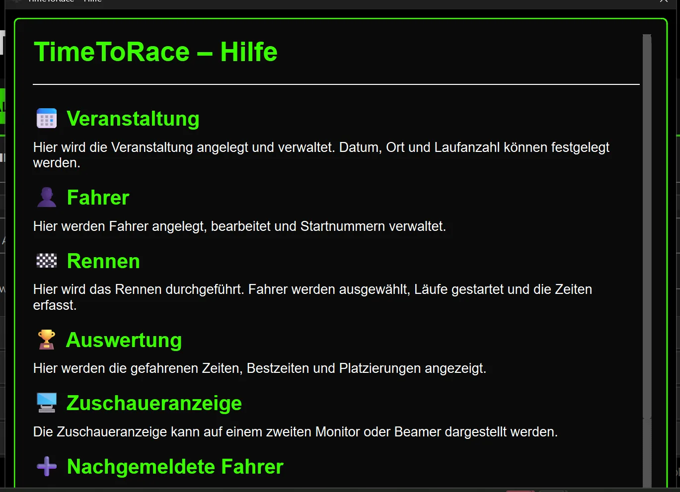 TimeToRace Hilfe